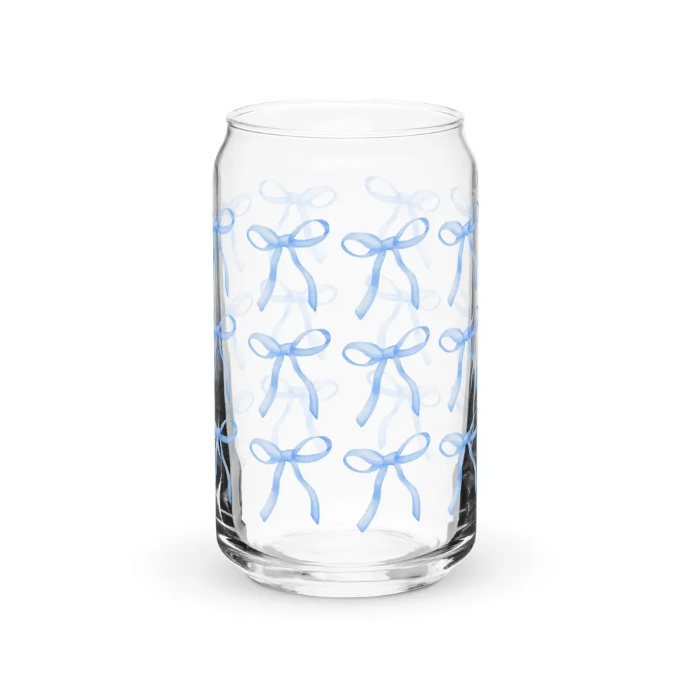 Custom Coquette Bows in Blue, Trendy Glassware, Gifts for Her, Friend Gift, French Inspired, Can-Shaped Glass