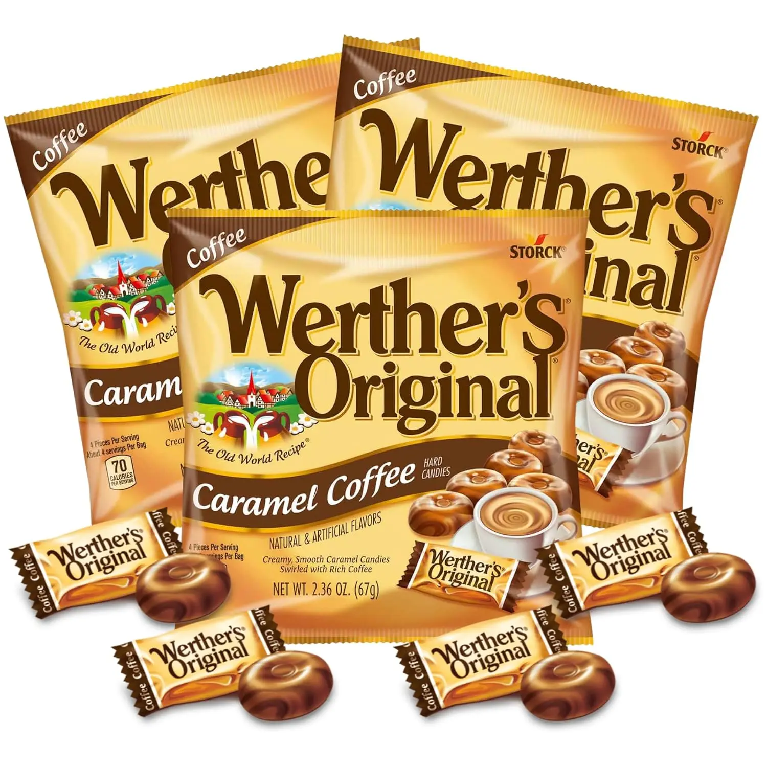 Needzo Werther's Original Caramel Coffee Hard Candies, Individually Wrapped Shareable Bite Sized Candy, Office Jar Fillers, 2.36 Ounces (Pack of 3)