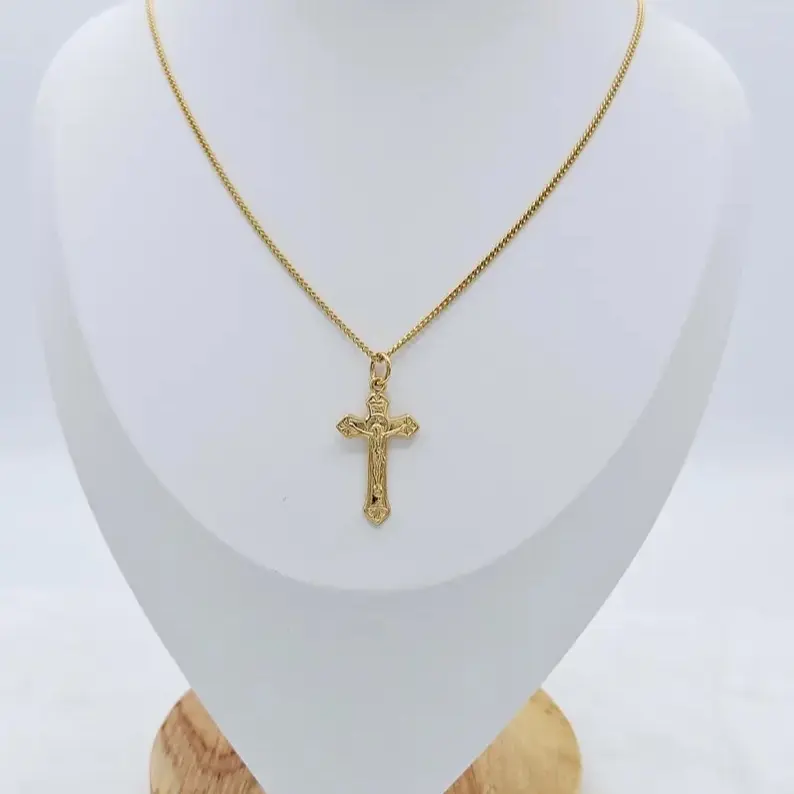 Gold Small Crucifix Necklace, 1mm French Rope Chain, 14k Heavy Plated Gold, Unisex Cross Design, Small Cross Size
