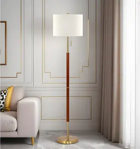 62" Walnut Gold Floor Lamp for Living Room, 1200LM 3-Way Dimmable Mid Century Modern Floor Lamp for Bedroom Office, Wood Vintage Standing Lamp Linen Shade, LED Bulb Included