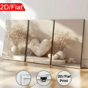 2D Flat, 2D Flat, [2D/Flat Print] 3pcs Framed Canvas Painting And Poster, Ready to Hanging, Modern Minimalist Potted Heart-Shaped Flower Landscape, Home Decor, Wall Art, Room Decoration, Holiday Gift, Living Room, Bedroom, Dining
