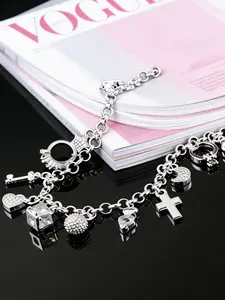 1pc Elegant 925 Sterling Silvery Heart Key Pendant Bracelet, Women's Bracelet, 13 Small Pendants, Bohemian Style, Shiny and Exquisite Silvery, Women's Fashion Jewelry Accessories, Suitable for Wife Girlfriend, Fashion Gift