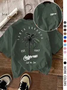 Women's Palm Tree Print Round Neck Tee, Casual Short Sleeve T-shirt for Summer, Ladies Clothes for Daily Wear, Top