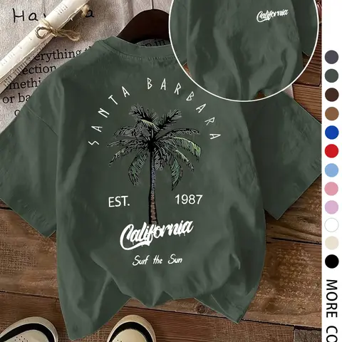 Women's Palm Tree Print Round Neck Tee, Casual Short Sleeve T-shirt for Summer, Ladies Clothes for Daily Wear, Top