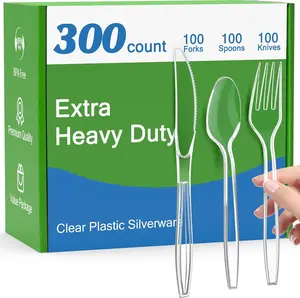 300 Count Extra Heavy Duty Clear Plastic Silverware, 100 Forks, 100 Spoons, 100 , , Heat Resistant, Disposable Plastic Utensils Set, Plastic Cutlery Set, Plasticware Bulk