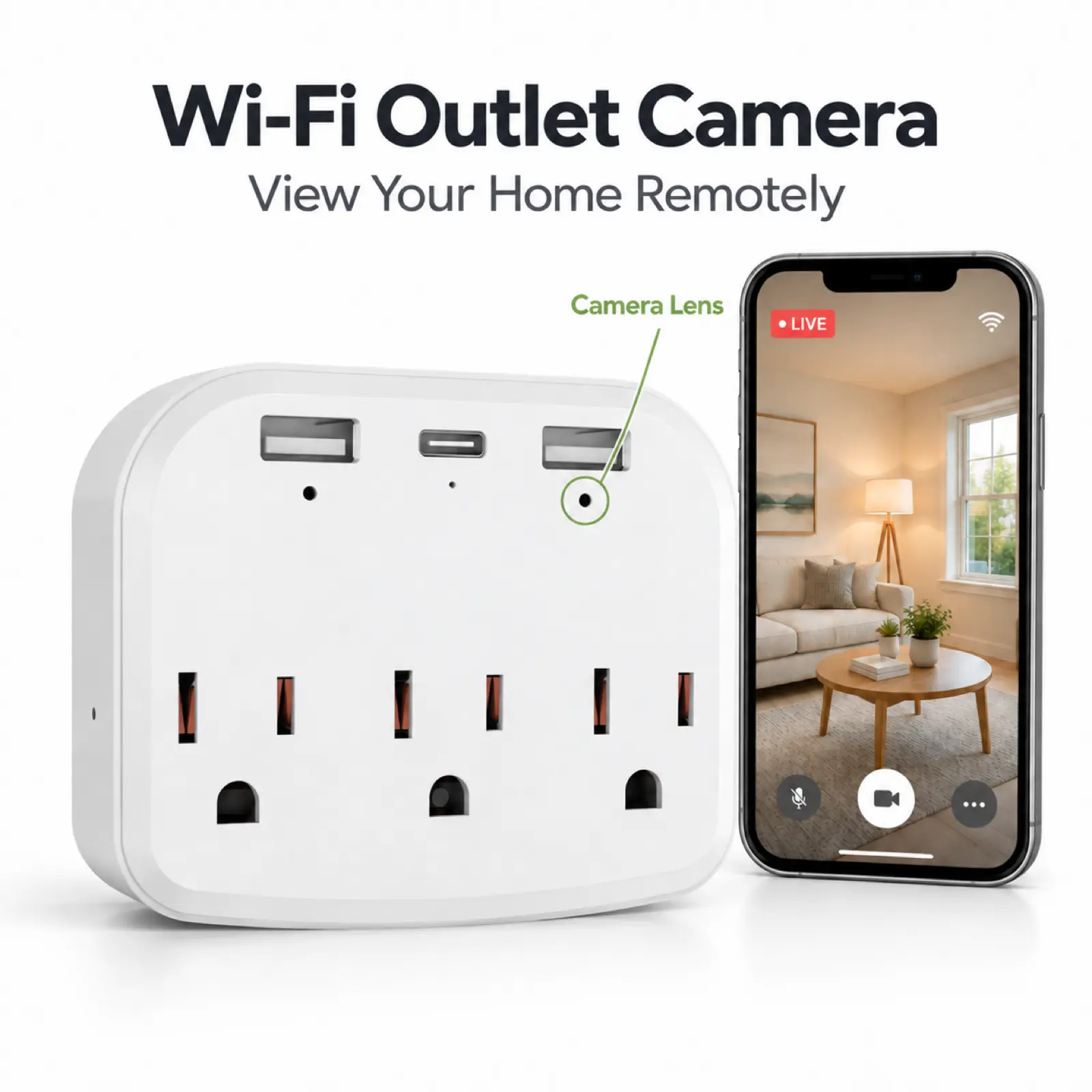 1080P HD Wi-Fi Outlet Camera Smart Wall Charger with Motion Detection, Remote View App, USB Ports Home Security Camera