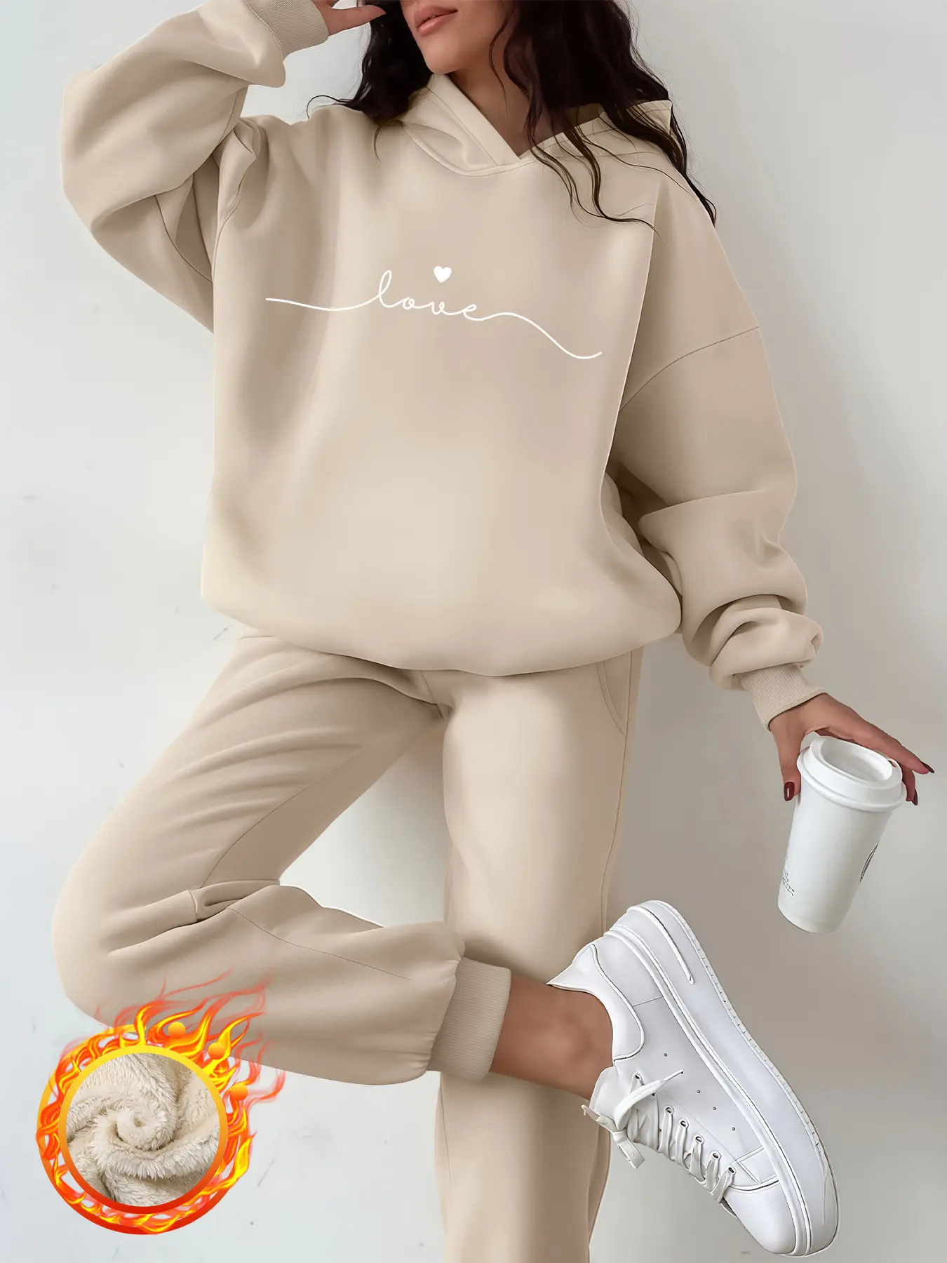 Women's Thermal Lined Oversized Solid Color Love Heart Knit Hoodie & Drawstring Waist Pants Two-piece Set, Matching Outfit Set, for Fall & Winter
