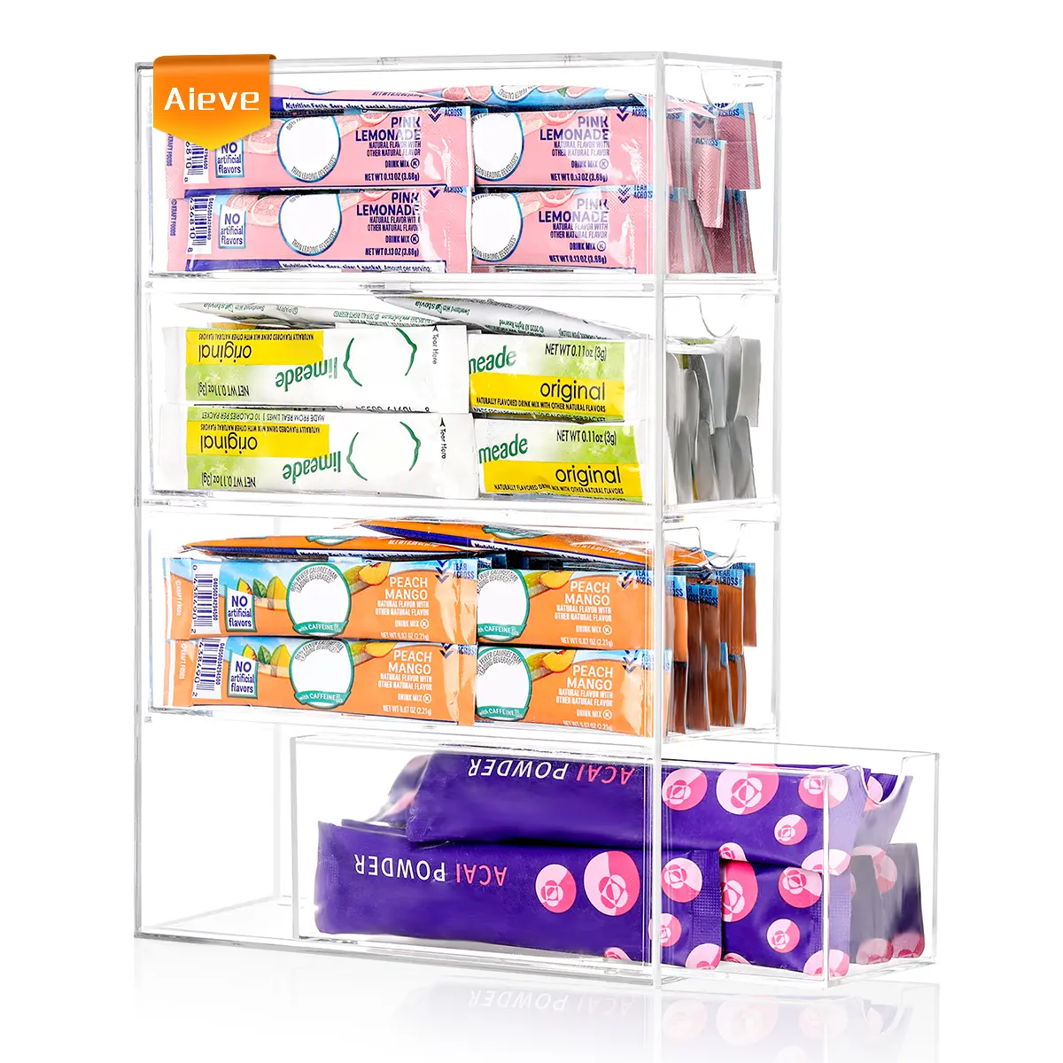 AIEVE Drink Packet Organizer, Drink Mix Holder with 4 Clear Drawers ...
