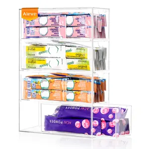 AIEVE Drink Packet Organizer, Drink Mix Holder with 4 Clear Drawers, Acrylic Water Flavor Packets Container, Kitchen Storage Organizers for Pantry Home Organization