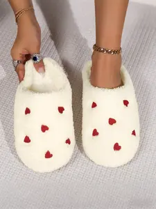 Women's Winter Indoor Slippers, House Slippers, Embroidered Heart Design, Warm Plush Lining, Comfortable Home Use, Stylish Couple Matching Shoes