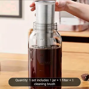 64oz Cold Brew Coffee Pot with Stainless Steel Filter & Brush Professional Kitchen Bar Restaurant Use Large Capacity Glass Kettle Household Mason Pot