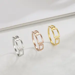 Skyrim Simple Rectangle Chain Women's Ring Kpop Stainless Steel Rose Gold Color Finger Rings Fashion Jewelry Gift