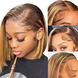 Omber Bob Wig Human Hair 13x4 HD Transparent Lace Front Wigs 180 Density Straight 4/27 Highlight Wig Short Bob Wig Human Hair