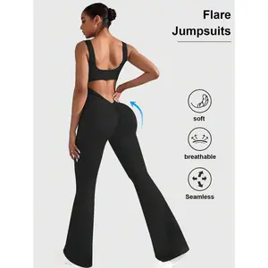 Women's Black Cut Out Ruched Backless Flare Leg Tank Sports Jumpsuit - Soft Breathable Seamless High Stretch Bodysuit for Workout & Running