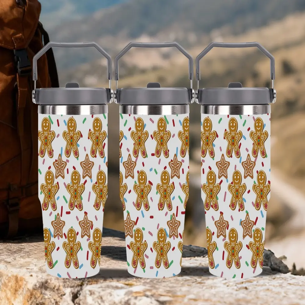30oz Gingerbread Man Christmas Insulated Tumbler with Handle, Stainless Steel Double-Wall Vacuum Travel Mug, Perfect Christmas, Holiday, New Year & Thanksgiving Gift for Women,  Family
