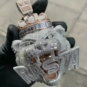 925 Silver Mega Iced Out Crowned Leopard Panther Pendant | The Apex Predator Statement Piece Rhinestone Decorated Pendent