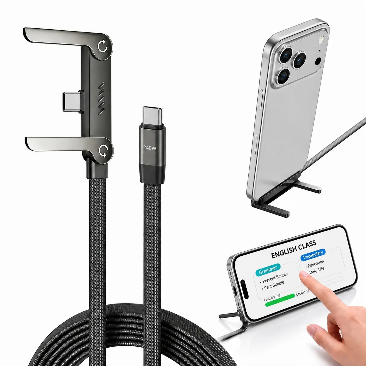 Invisible Holder Charger Cable with Stand, 240W Fast Charging Cord & Phone Stand for Gaming, Office, Car Travel, Compatible with iPhone Samsung Type-C Charging Cable Electronic Smartphone Cellphone