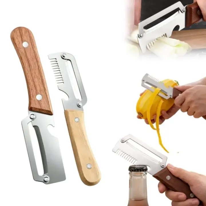 2 pcs/set Multi-Functional Kitchen Peeler - Ultra-Sharp Stainless Steel Blades, and Wooden Handle, 3 in 1 Peeler for  Vegetable Peeling, Julienne Shredding & Bottle Opening, Versatile Kitchen Tool For Veggie, Fruit, Potato, Carrot, Apple