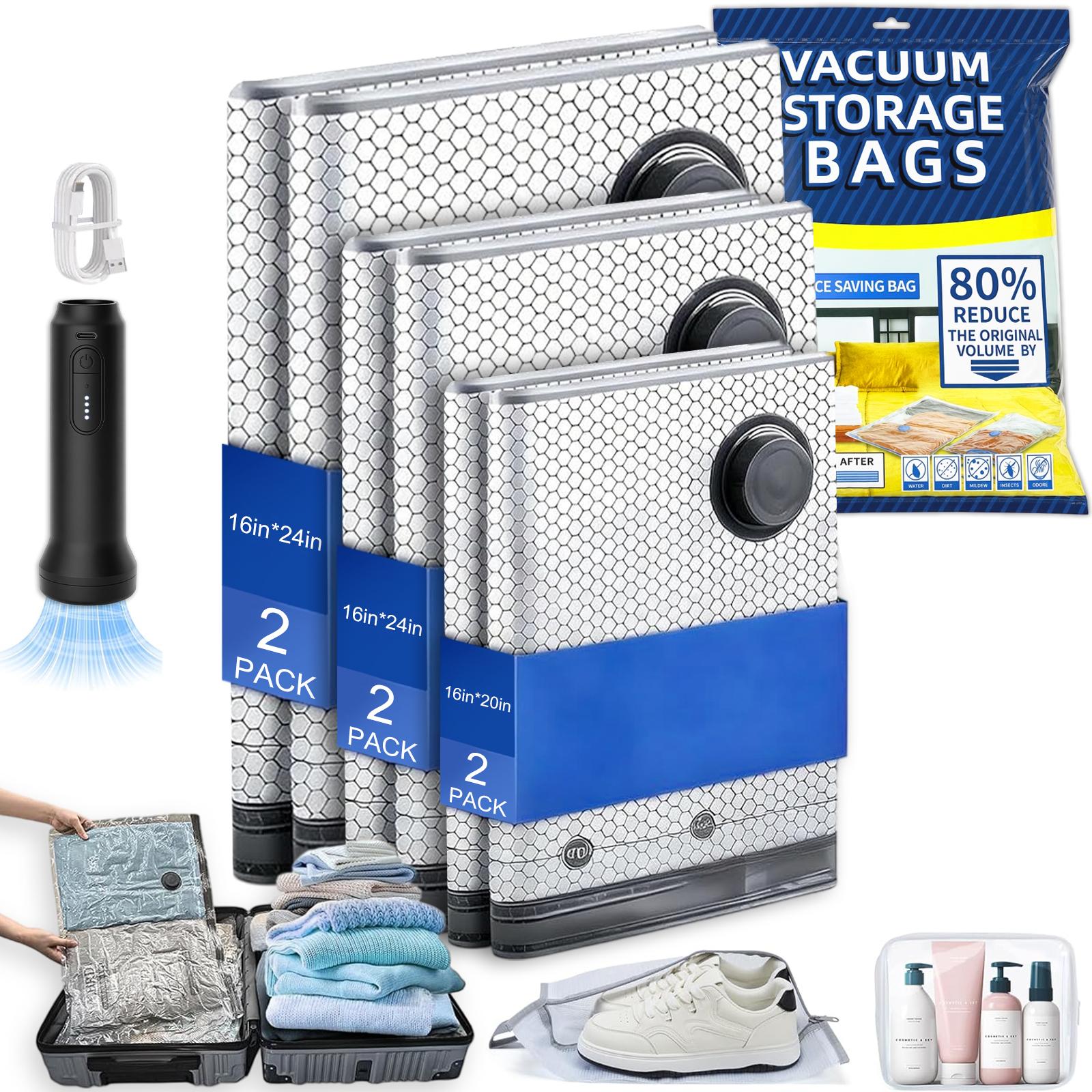 Cordless Travel Vacuum Compression Bag Set for Carry-On Suitcases (Electric Pump)Compressible Travel Bags, Vacuum Packing Kits, Luggage Packing Organiser