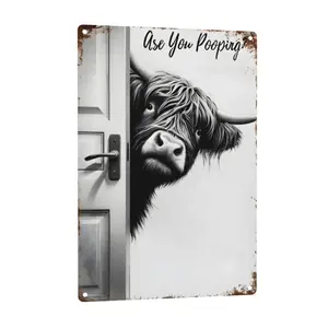 Vintage Highland Cow Aluminum Sign Funny Are You Pooping Black and White Bathroom Wall Decor for Western & Highland Cow Lovers 8 x 12 Inch Decorative Plaque