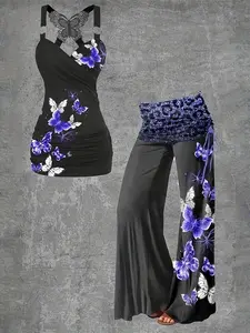 Women's Butterfly Print Contrast Lace Wrap Tank Top & Drawstring Waist Ruched Flare Leg Pants Set, Casual Fashion Set, Top & Bell Bottom Trousers, Ladies Outfits for Summer