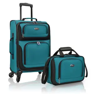 U.S Traveler US08148T 2-Piece Rio 1200D Polyester Rugged Fabric Expandable Carry-on Spinner Luggage Set with 14" Boarding Bag Tote, Teal - 21" Luggage, 14" W x 9.5" H x 5" D, 2 Exterior Zippered Pockets