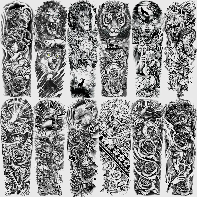 12-Piece Realistic Full-Arm Temporary Tattoo Set, Waterproof Long-Lasting Body Art Stickers, Body Fake Tattoos with Peace Dove, Rose, Tiger Designs, Waterproof Temporary Tattoos