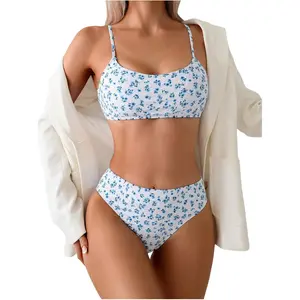 Women's 2 Piece Bathing Suit Floral Print High Waisted Scoop Neck Cute Bikini Set Beachwear Soft Fabric High Stretch Skin Friendly Breathable Adjustable Spaghetti Strap Wireless Bra High-Waisted