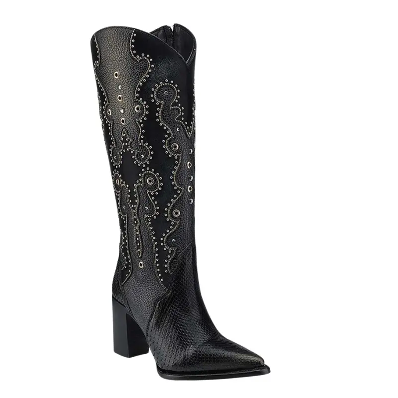 TALL BLACK  CRYSTAL Python Embellished Western Boot with Elegant Design and Chunky Heel