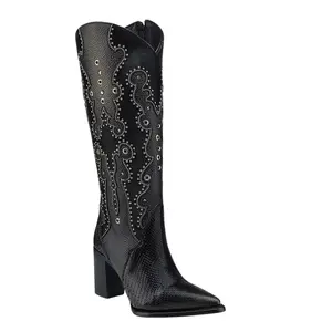 TALL BLACK  CRYSTAL Python Embellished Western Boot with Elegant Design and Chunky Heel