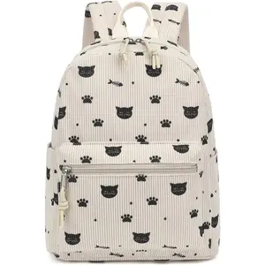 Corduroy Mini Backpack Purse for Women Girls, Fashion Small Backpack for Adults Teens Kids School Travel (Cat)