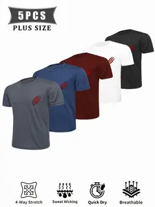Men's Short Sleeve Sportswear Set of Five, Lightweight Vibrant Casual Tops, High Performance Breathable Quick Dry Round Neck Tees