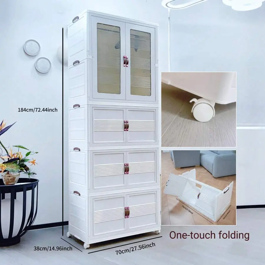 Multi-Functional Folding Lockers-Multi-Layer Sorting Racks, White Folding Storage Cabinets With Wheels-Multi-Drawer Plastic Wardrobes For Living Room, Bedroom Or Clothes Sorting, Durable And Portable Design, Clothes Sorting And Snacks Storage, Etc.,