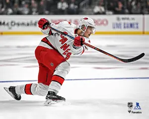 Sebastian Aho Carolina Hurricanes Unsigned White Jersey Shooting Photograph