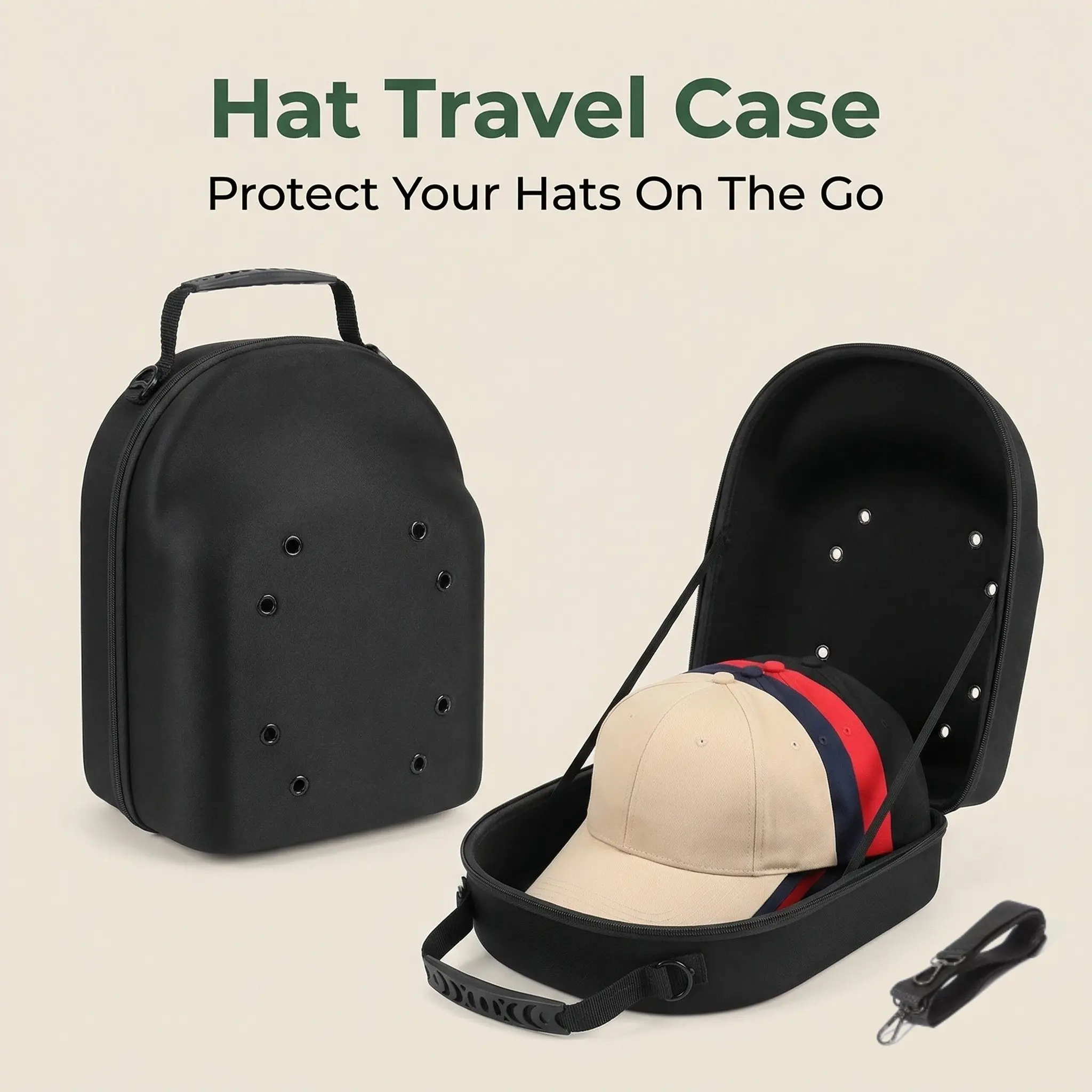 Hard Shell Baseball Cap Storage Bag, Outdoor Travel Style, Eva Shell, Holds 6 Hats, Breathable Mesh, Adjustable Strap, Zipper Closure
