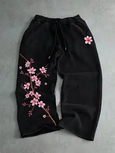 Men's Casual Sport Pants, Floral Pattern Print Sweatpants, Drawstring Wide Leg Leisure Long Pants, Loose Fit Bottoms, Suitable for All Seasons