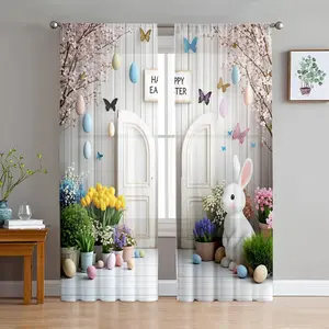 2D Flat 2Pcs Easter bunny egg sakura theme curtains, pole hung semi blackout, transparent, bedroom, living room, home decorative curtains, Net Curtains Window