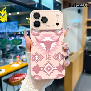 Pink Aztec-Style Cow Skull TPU Phone Case for iPhone 17 Pro Max, 16, 15 Plus, 14, 13, 12 Series – Full Camera Lens Protection, Shockproof, Drop-Resistant, Durable Case for All Users