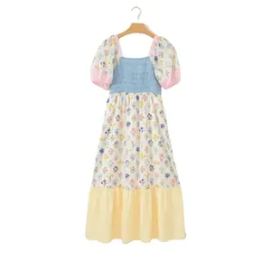 Women's Color-Accented Casual Short-Sleeve Long Dress - Multicolour Floral Print, Striped, Color Block, Patchwork, Square Neck, Smocked, Ruffled, Womens Dresses