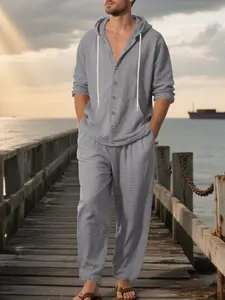 Men's Linen Casual Hooded Long Sleeve Shirt Set, Loose Fit American Style, Trendy Simple Design, New Arrival at Walmart