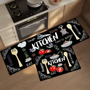 Silica Mud Kitchen Mat, Base with Colorful Food Patterns, Anti-Fatigue Cushioned Rug, Machine Made, 3.5mm Thickness, Easy Clean