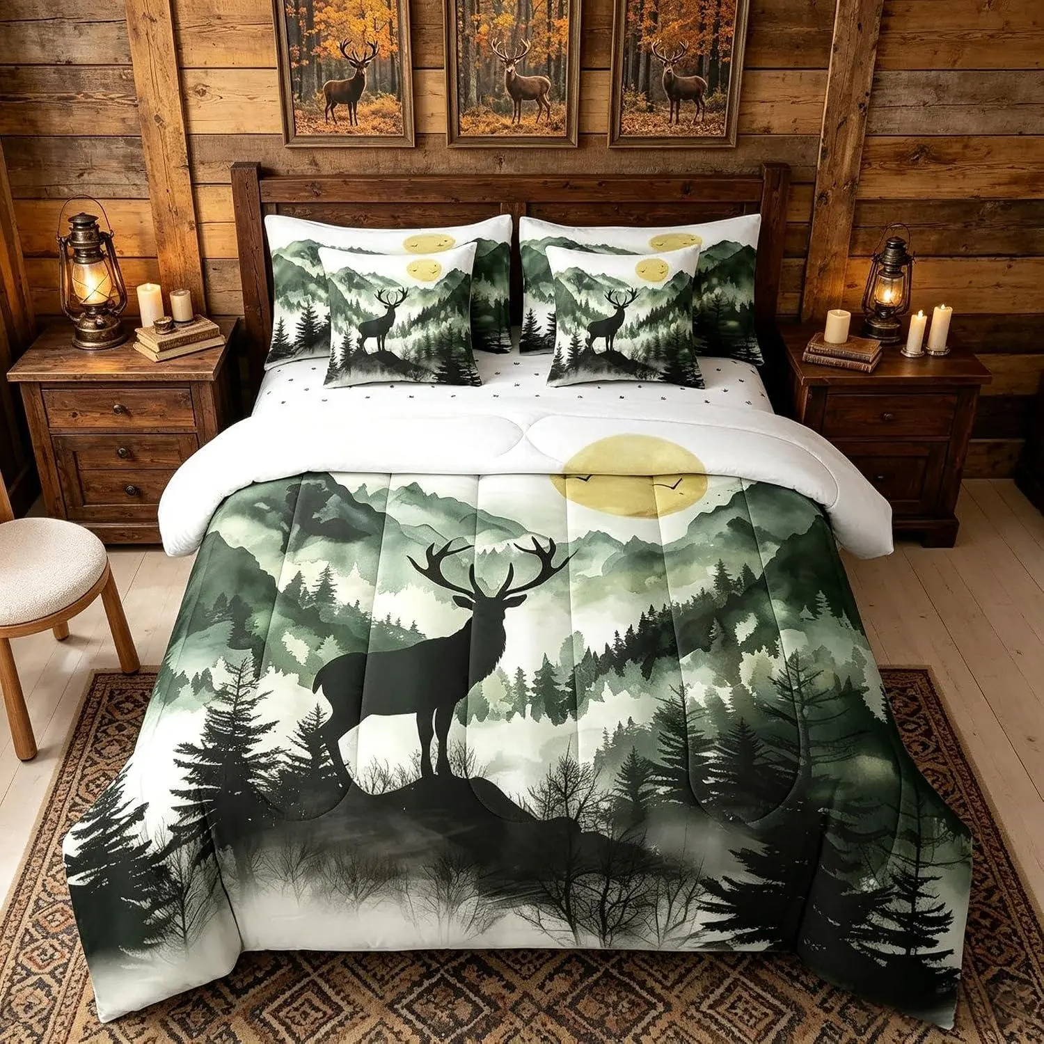 Misty Forest Deer Comforter Set 7 Pieces Nature Mountain Landscape Bedding Set Woodland Animal Bed in a Bag with Comforter,Sheets,Pillowcases,Cushion Covers Rustic Cabin Green