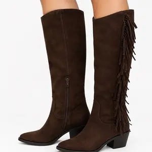 Universal Thread Brown Fringe Western Boots for Women Size 8 Tall Suede Zip with Memory Foam Insole & Block Heel Comfortable Faux Leather Knee-high Design - Girl