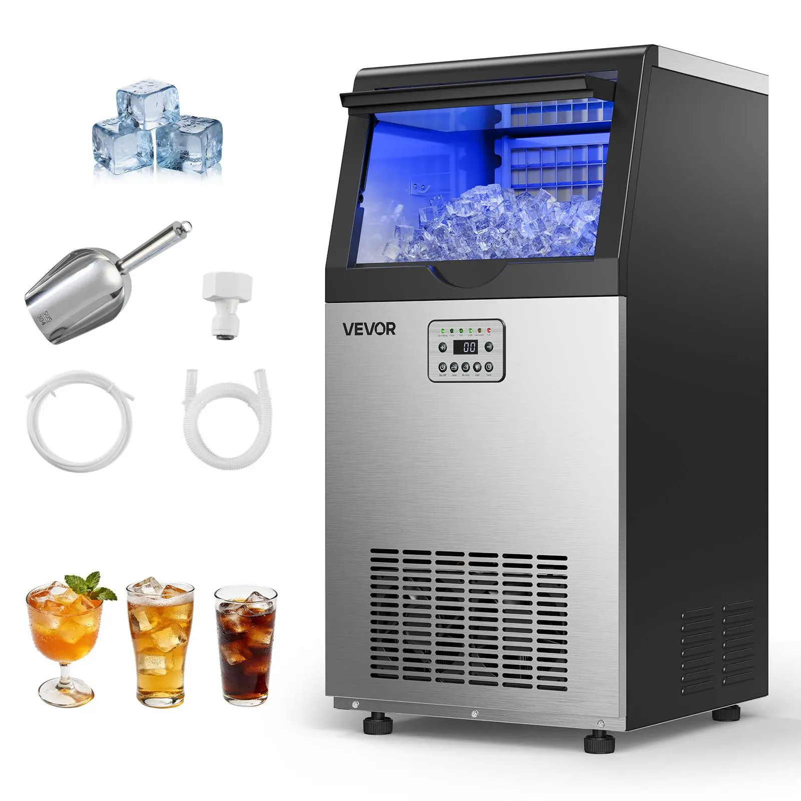 【Summerfinds】VEVOR Commercial Ice Maker Machine, 100 lbs/24h with 30 lbs Storage Capacity, Built-in/Freestanding/Under Counter, Stainless Steel Ice Maker with LED Display & Self-Cleaning, for Home Bar Restaurant