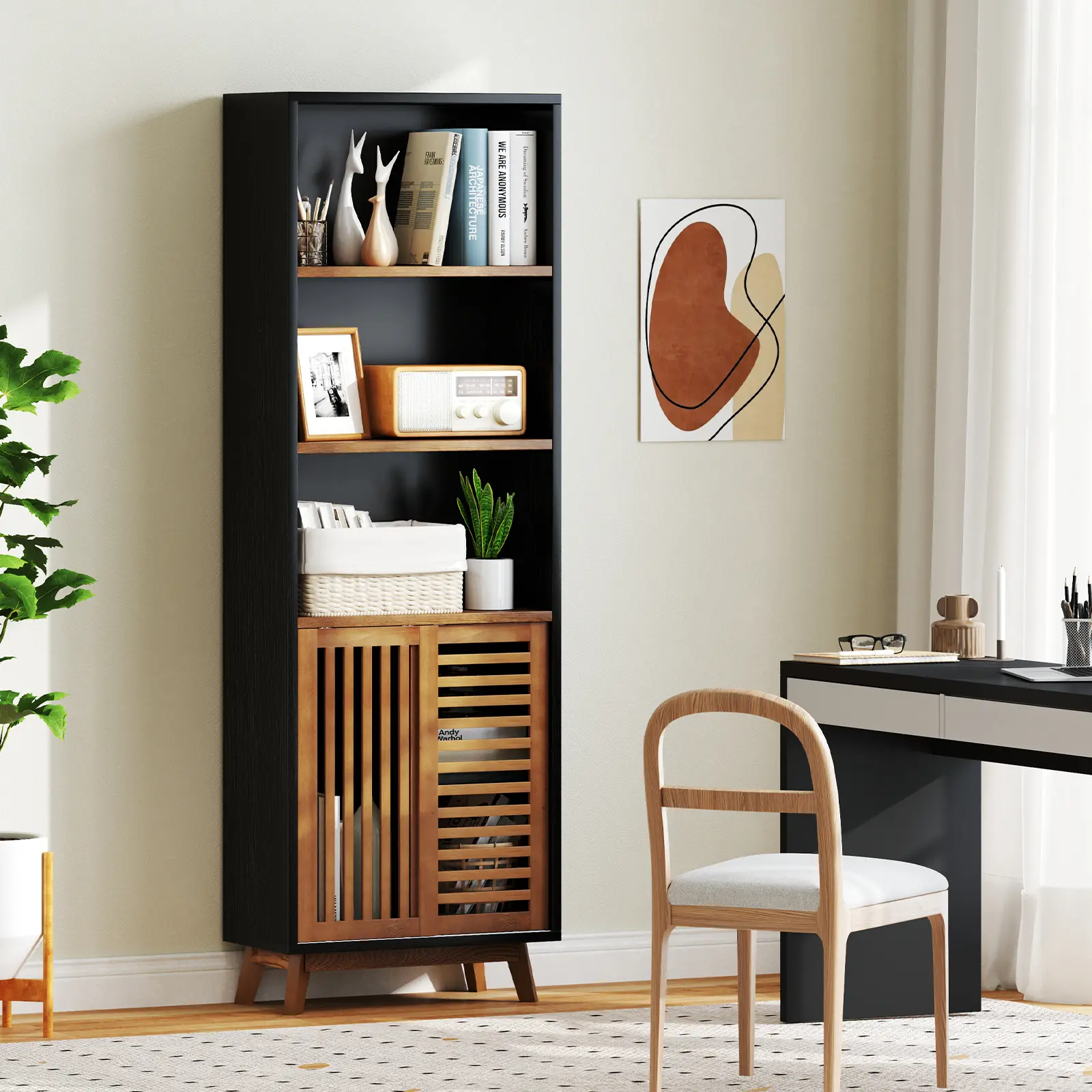 COSTWAY - 70 Inch 5-Tier Bookshelf with Reversible Adjustable Shelf-Black