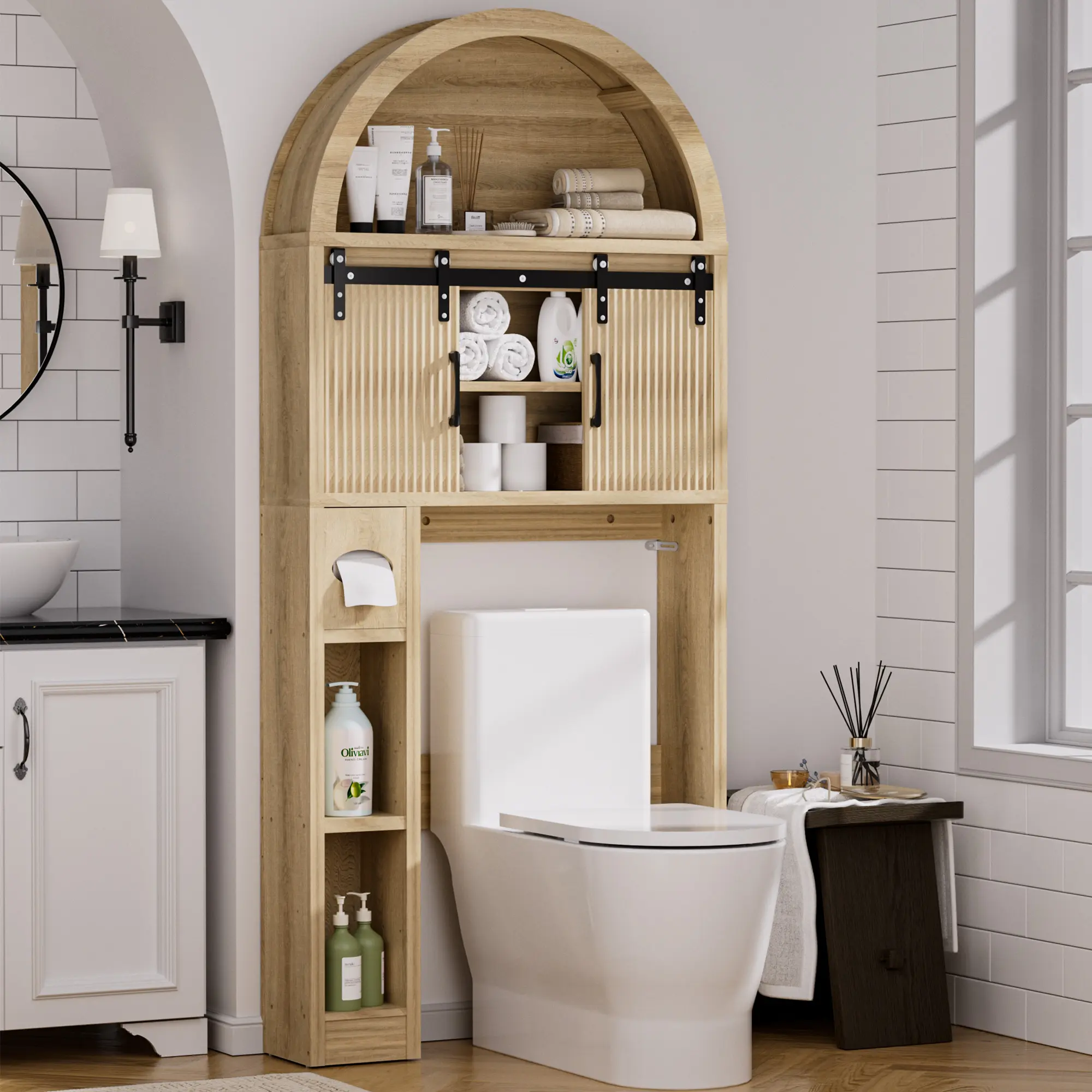Draogsum Over The Toilet Storage Cabinet with Toilet Paper Holder, Freestanding Bathroom Shelf Organizer, Space Saving Arch Cabinet with Two Sliding Doors and Anti-Tipping Device, Wood Finish