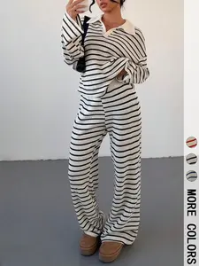 2-piece women's loose striped V-neck dropped shoulder long-sleeved T-shirt and elastic waist striped pants autumn and winter knitted suit