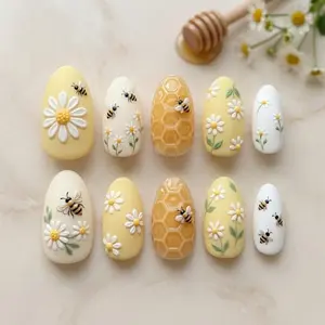 Honey Bee 3D Daisy Flower Nail Art, Yellow Bumble Bee Fake Nails, Cute Garden Nails, Honeycomb Glue On Nails Nail Art Kit Nail Box fathersdaygift