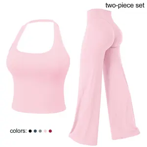 Jetjoy Workout Sets for Women 2 Piece, Padded Backless Sports Bras Halter Top(non-padded) Wide Leg Pants Sets Gym Yoga Work Out Clothes, Matching Wide Leg Pants Sets athleisure Fitness & Casual Wear Yoga Outfits Gym Tracksuit summeroutfit