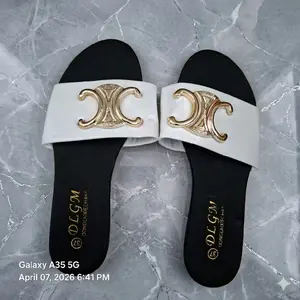 DLGM Women's Sandals Size 7 with Gold Logo and White Strap Comfortable and Stylish Footwear